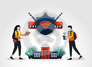 Vector illustration concept. students are accessing internet safely using a wifi network and shield. network security check securi