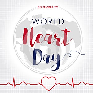 World Heart Day card, line heart in cardio pulse trace and globe