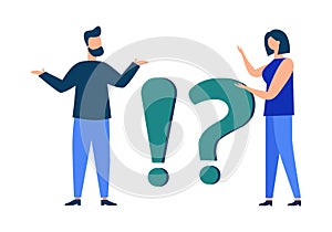 Vector illustration, conceptual illustration of frequently asked questions exclamation marks and question marks, answer to