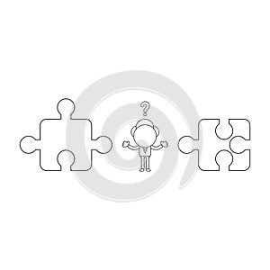 Vector illustration of confused businessman character between incompatible puzzle pieces. Black outline