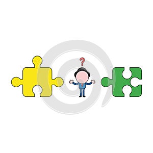Vector illustration of confused businessman character between incompatible puzzle pieces. Color and black outlines