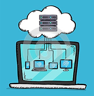 Vector illustration of connecting multiple devices to a cloud server on laptop screen.