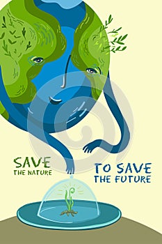 Vector illustration about the conservation of trees and plants on planet Earth.