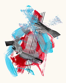 Vector illustration. Contemporary art collage. Male hands playing violin on light background with abstract design