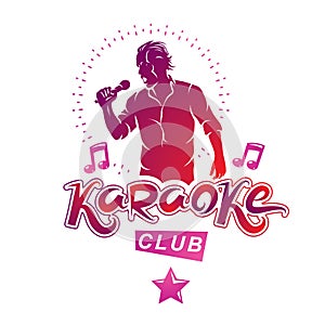 Vector illustration of content man singing, soloist holds a microphone in hand. Karaoke club, feel yourself famous superstar.