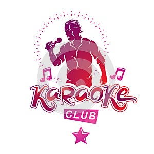 Vector illustration of content man singing, soloist holds a microphone in hand. Karaoke club, feel yourself famous superstar. photo