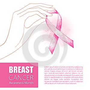 Vector illustration with contour woman hand and pink ribbon on white background. Breast Cancer Awareness Month symbol.