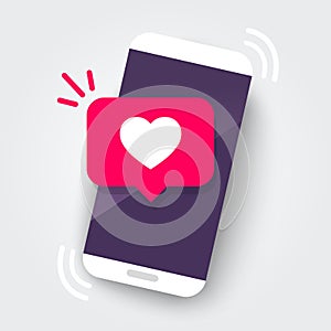 Vector illustration smartphone with heart emoji speech bubble get message on screen. Social network and mobile device concept. Gra