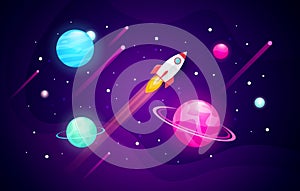 Vector illustration space exploring background with abstract shape, planets and rocket.