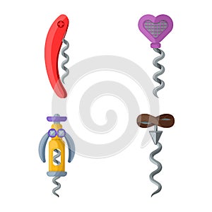 Vector illustration of corkscrew and alcohol symbol. Set of corkscrew and uncork stock vector illustration.