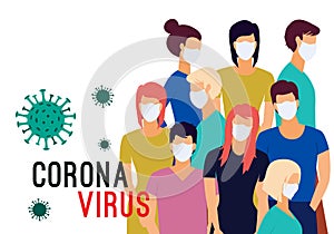 Vector illustration of Coronavirus Pandemia. Novel coronavirus 2019-nCoV, people wearing white medical face masks. Concept