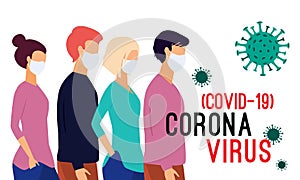 Vector illustration of Coronavirus Pandemia. Novel coronavirus 2019-nCoV, people wearing white medical face masks. Concept