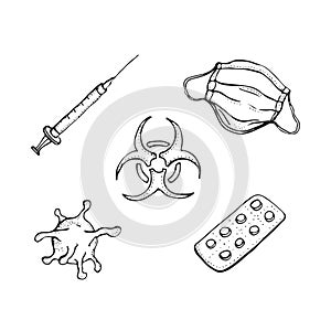 Vector illustration of Coronavirus, red stop sign, mask, Injection, and pills on white background. Pandemic and