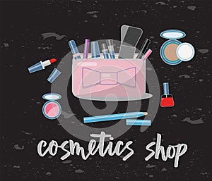Vector illustration of cosmetics product. With text cosmetics shop. Flat design. . photo