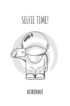 Vector illustration of cosmonaut with smartphone in hand. Design concept. photos myself. selfie time. character.