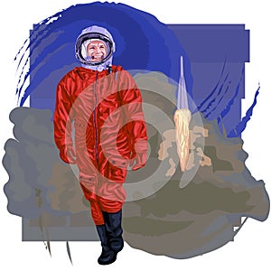 Vector illustration of cosmonaut Yuri Gagarin walking in a spacesuit on the background of a rocket launch.