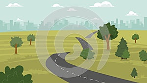 Vector illustration of counrtyside, hill, city and road