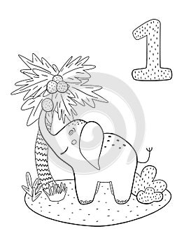 Vector illustration. Counting from 1 to 10. Number 1, coloring page. Cute elephant with coconut. Preschool activity for kids,