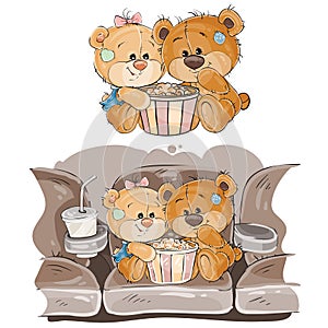 Vector illustration of a couple of brown teddy bears sitting in the cinema hall and watching a movie