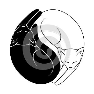 Vector illustration of couple cats black and white colors. Love story cats Yin Yang Cats. Simple and cute black and white cats in