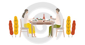 Vector illustration of a couple eating dinner together in the autum. People enjoy drinking wine