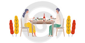 Vector illustration of a couple eating dinner together in the autum