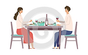 Vector illustration of a couple eating dinner together. People doing housework