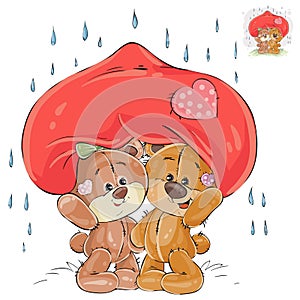 Vector illustration of a couple of enamored brown teddy bears hid from the rain under a big red hear photo