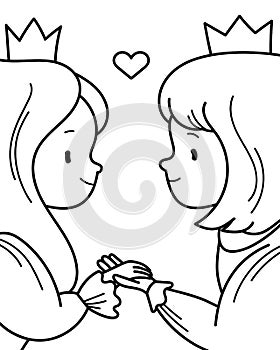 Vector illustration of a couple in love. Coloring page with fairy prince and princess holding hands