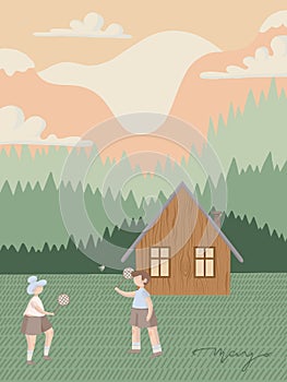 Woman and man playing badminton on field in front of wooden cabin and mountain view vector illustration