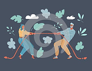 Vector illustration of couple quarrel, tug-of-war. Man and Woman are fighting each other