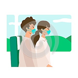 Vector illustration of a couple refrain from conversation in public transport. Concept art for â€˜Traveling in the New Normal