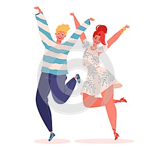 Vector illustration with couple of young joyful laughing people jumping with raised hands isolated on white background.