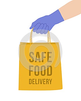 Vector illustration with couriers hand in blue protective glove holding delivery paper bag with food. Safe food delivery service