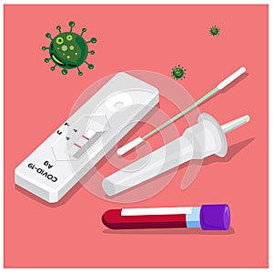 Vector illustration of COVID-19, Antigen test kit ATK on pink background. There are testing equipment nose prongs