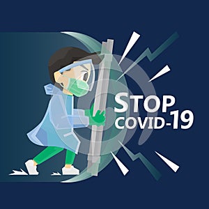 Vector illustration Covid-19 protection. Doctor wearing protection suites fight against covid-19 virus or coronavirus. Character photo