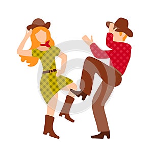 Vector illustration with cowboy and cowgirl dancing country western dance, isolated on white background. Clip art for a poster of