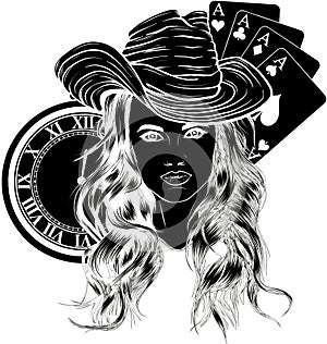 vector illustration of Cowgirl with poker aces and clock