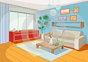 Vector illustration of a cozy cartoon interior of a home room, a living room