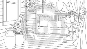 Vector illustration, cozy porch of a village house, recreation area,