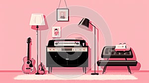 vector illustration of Create an illustration of a vintage style bedroom of teenage fashion and pop culture