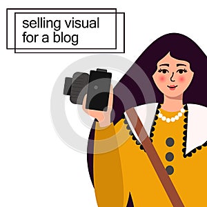 Vector illustration for creating photoblog content. a beautiful female character of a blogger girl with a camera