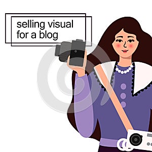 Vector illustration for creating photoblog content. a beautiful female character of a blogger girl with a camera