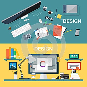 Vector illustration of creative design office workspace, designer workplace. Top view of desk background with digital