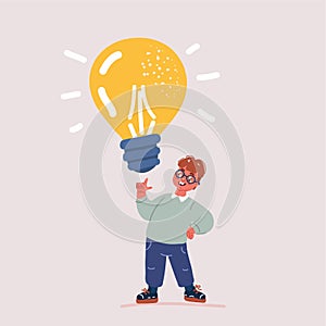 Vector illustration of Creativeness, thinking out of the box, idea and science concept. Little boy holding glowing light