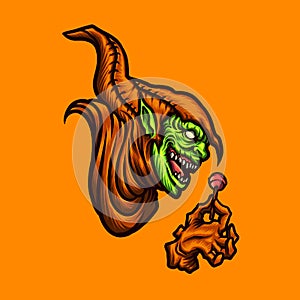 Vector illustration of Creepy Green Goblin Head with a Candy on the Orange Background. Hand-drawn illustration for mascot sport