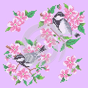 Vector illustration cross stitch birds and flowers