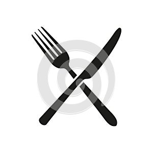 Vector illustration of crossed fork and knife icon. Isolated.