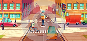 Vector illustration of crossing guard adjusting transport moving, city crossroads with pedestrian, disabled person.