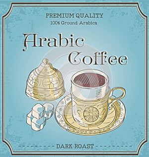 Vector illustration, cup of arabic coffee and turkish delight. W